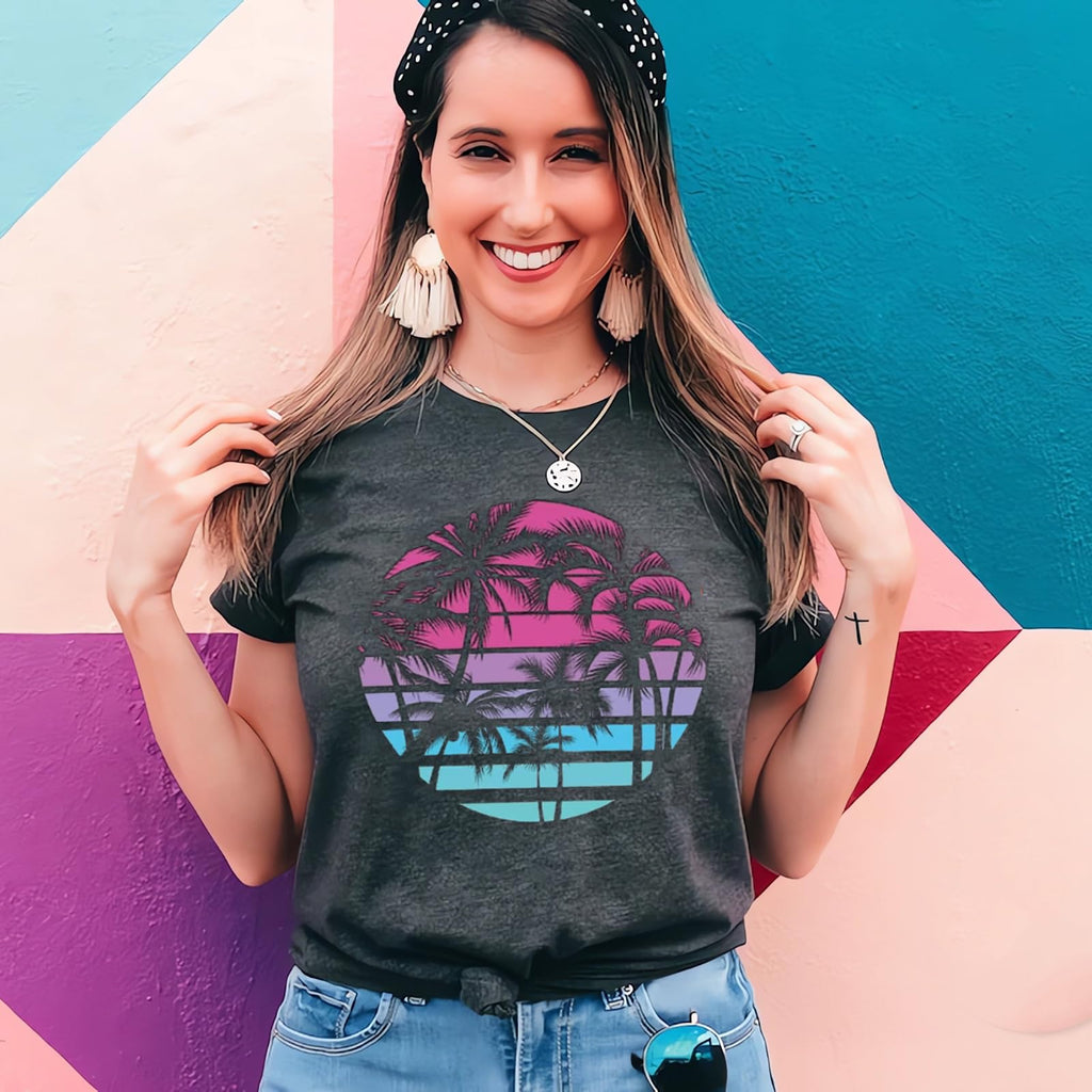 Hawaiian Shirts for Women Palm Trees Beach Graphic Tee Tops Summer Vacation Short Sleeve Tshirt Tops Dark Grey L