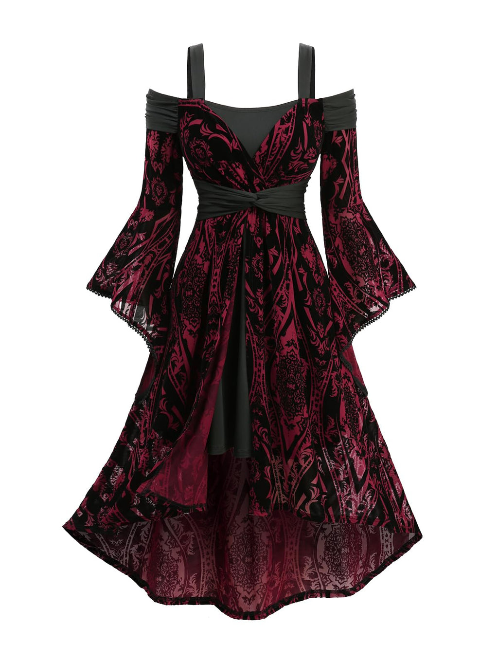 ROSE GAL Plus Size Womens Renaissance Costume Dress Medieval Goth Cold Shoulder Trumpet Sleeves Floral Flocking Twist High Low Midi Halloween Witch Dress(Red_1/2X)