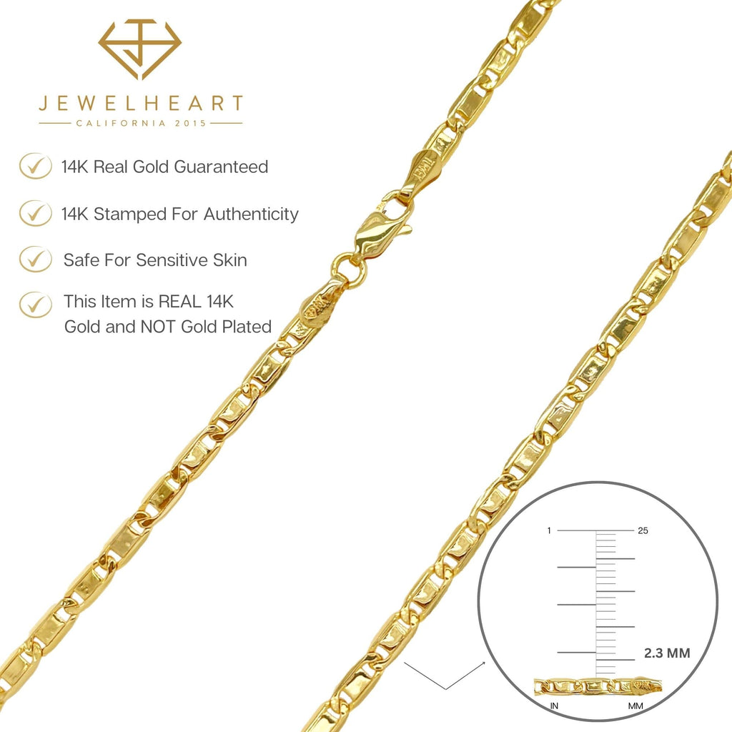 JEWELHEART 14K Gold Necklaces For Women Trendy 2.3mm Yellow Real Gold Valentino Mirror Chain Polished Links Men's 14K Gold Chain Necklace with Lobster Clasp 16"