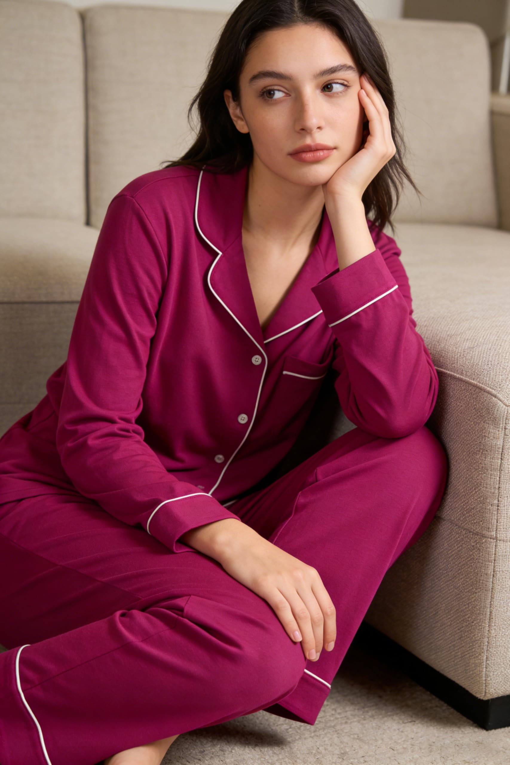 HEARTNICE Womens Pajama Set, Soft Long Sleeve Pajamas & Long Pants with Pockets, Button-up Sleepwear Lounge Pjs (Rose Pink, M)