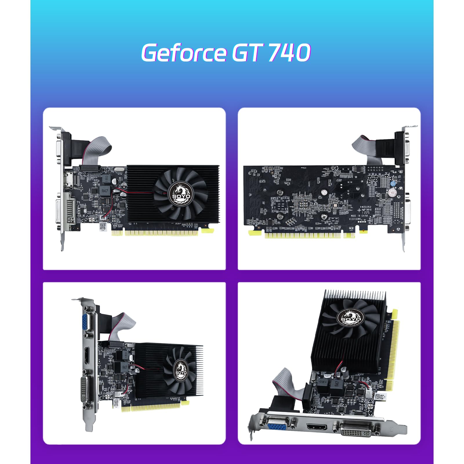 SOYO Geforce GT 740 Low Profile Graphics Card, 4GB DDR3 128 Bit Video Card with HDMI 2.0/VGA/DVI PCI Express x16 3.0 Single Fan Computer GPU