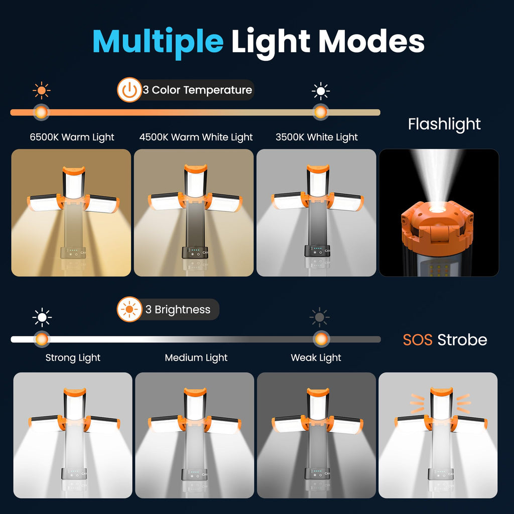 CAVN Rechargeable Camping Lights with Remote & Detachable Tripod Max Height 6.0 ft, Portable Work Light with 3 LED Lamp Heads, Camping Essentials Gear Emergency Flashlight with Hook, Orange
