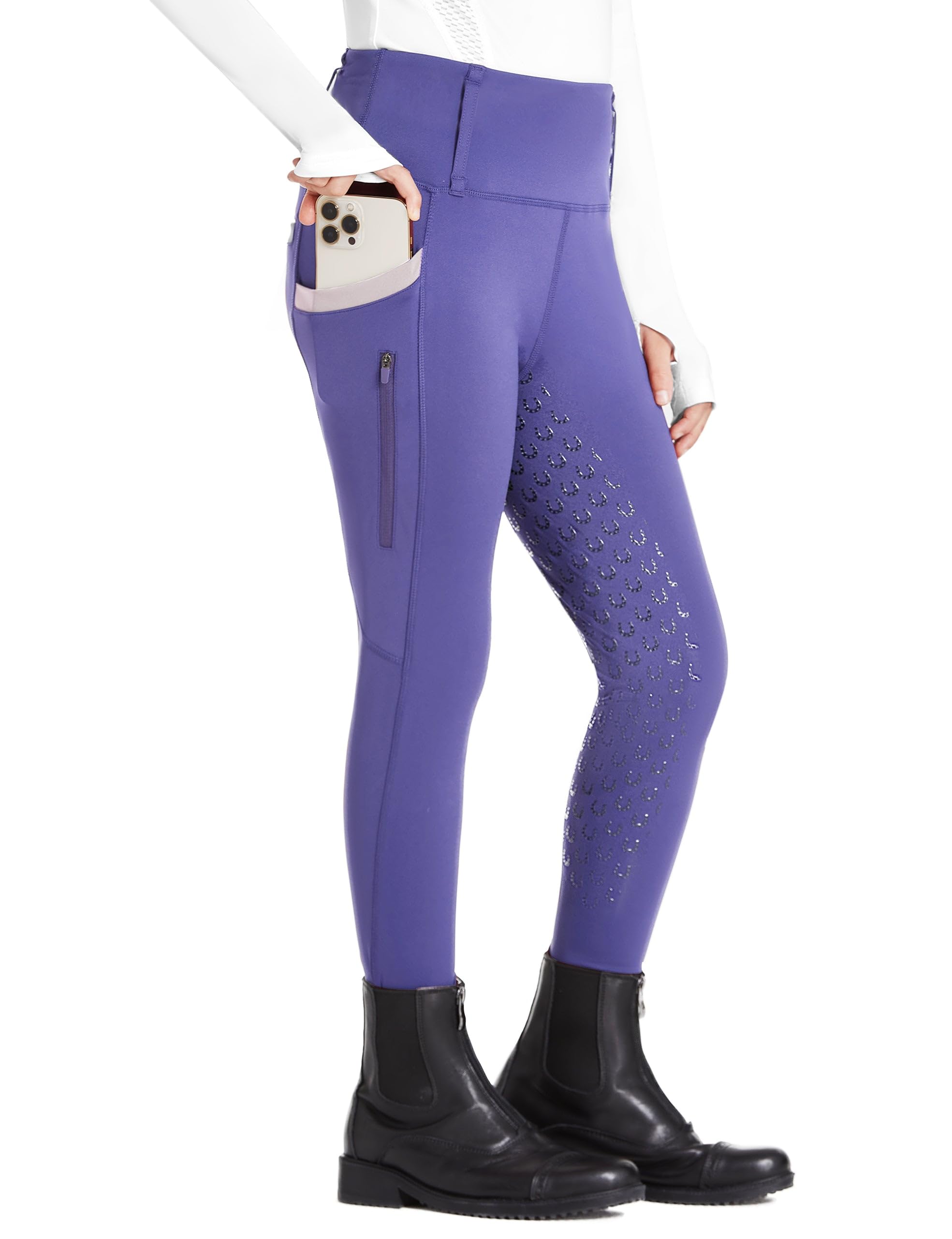 FitsT4 Sports Girls Riding Pants Full Seat High Waist Kids Equestrian Breeches Horse Schooling Tights Zipper Pockets Purple Size S