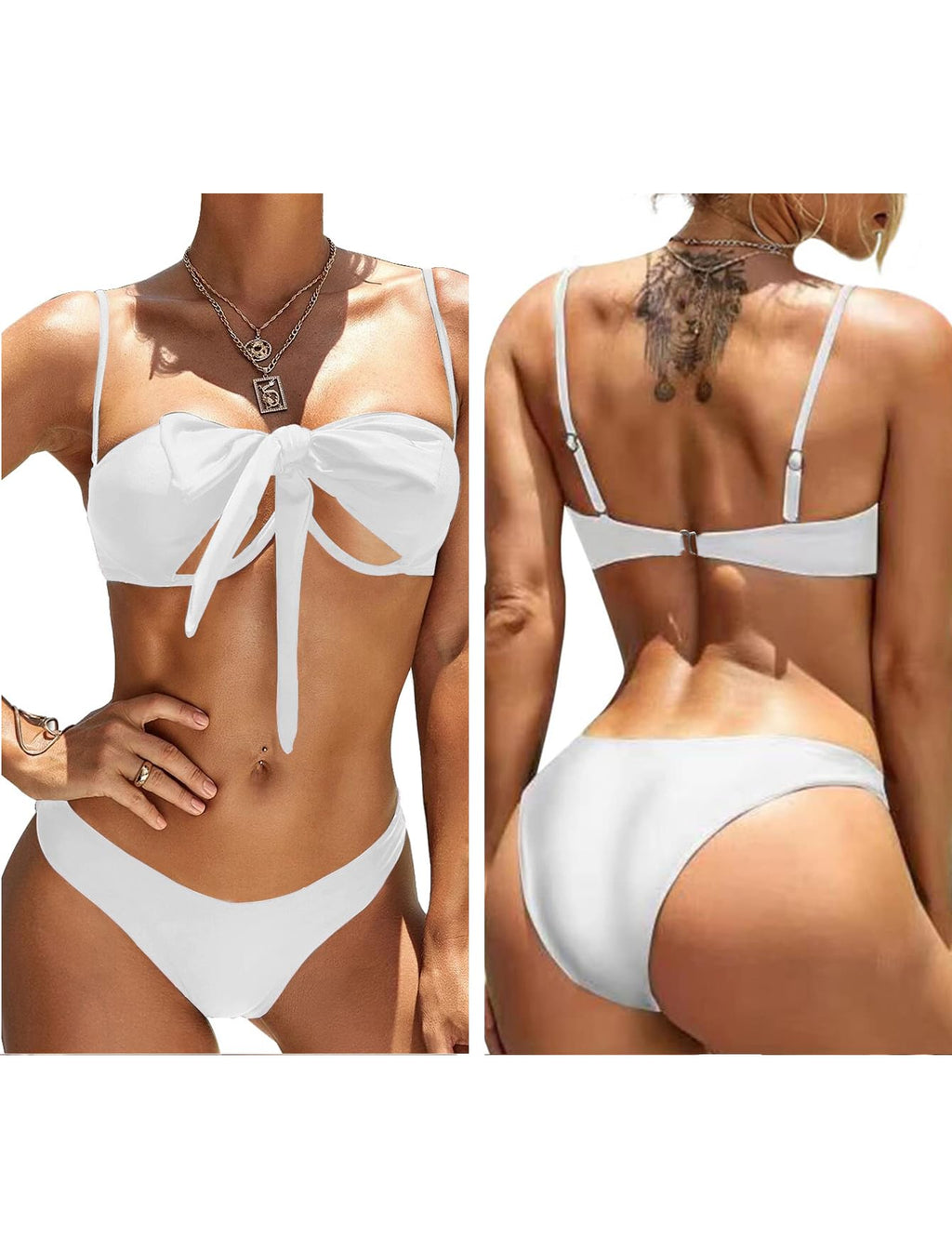 Lilosy Sexy Cute Underwire Push Up Cutout Halter Criss Cross High Cut Leg Thong Brazilian Bikini Swimsuit Set Women Cheeky Bottom Bathing Suit 2 Two Piece White Medium