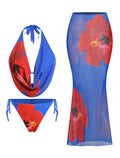 ZAFUL Women's 3 Piece Floral Swimsuit Draped Neck Halter Bikini Tie Side Bathing Suit with Sheer Cover Up Skirt 0-Blue Red Flower M