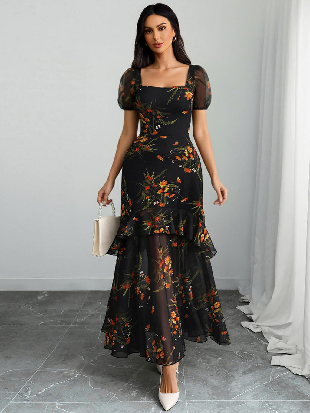 GothDark Cute Dress for Wedding Guest Summer Dresses for Women 2026 Vacation Square Neck Dress Orange Small Fits US Size 4