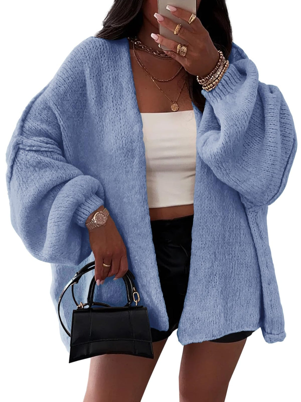 BKBEY Womens Oversized Cardigan Sweaters 2025 Fall Soft Puff Sleeve Cozy Open Front Chunky Sweater Blue