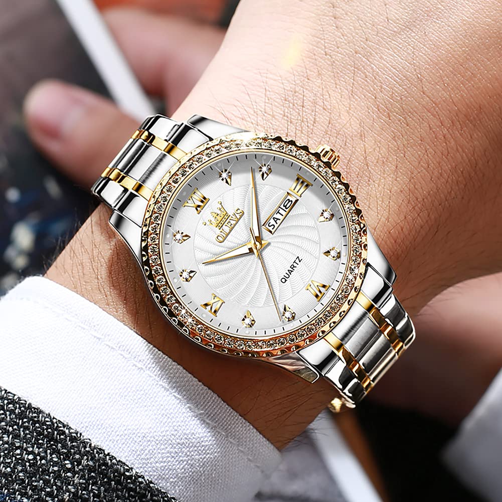 OLEVS Watch for Men Silver Stainless Steel Diamond Male Watches Analog Quartz Luminous Date Day Mens Watch Gift