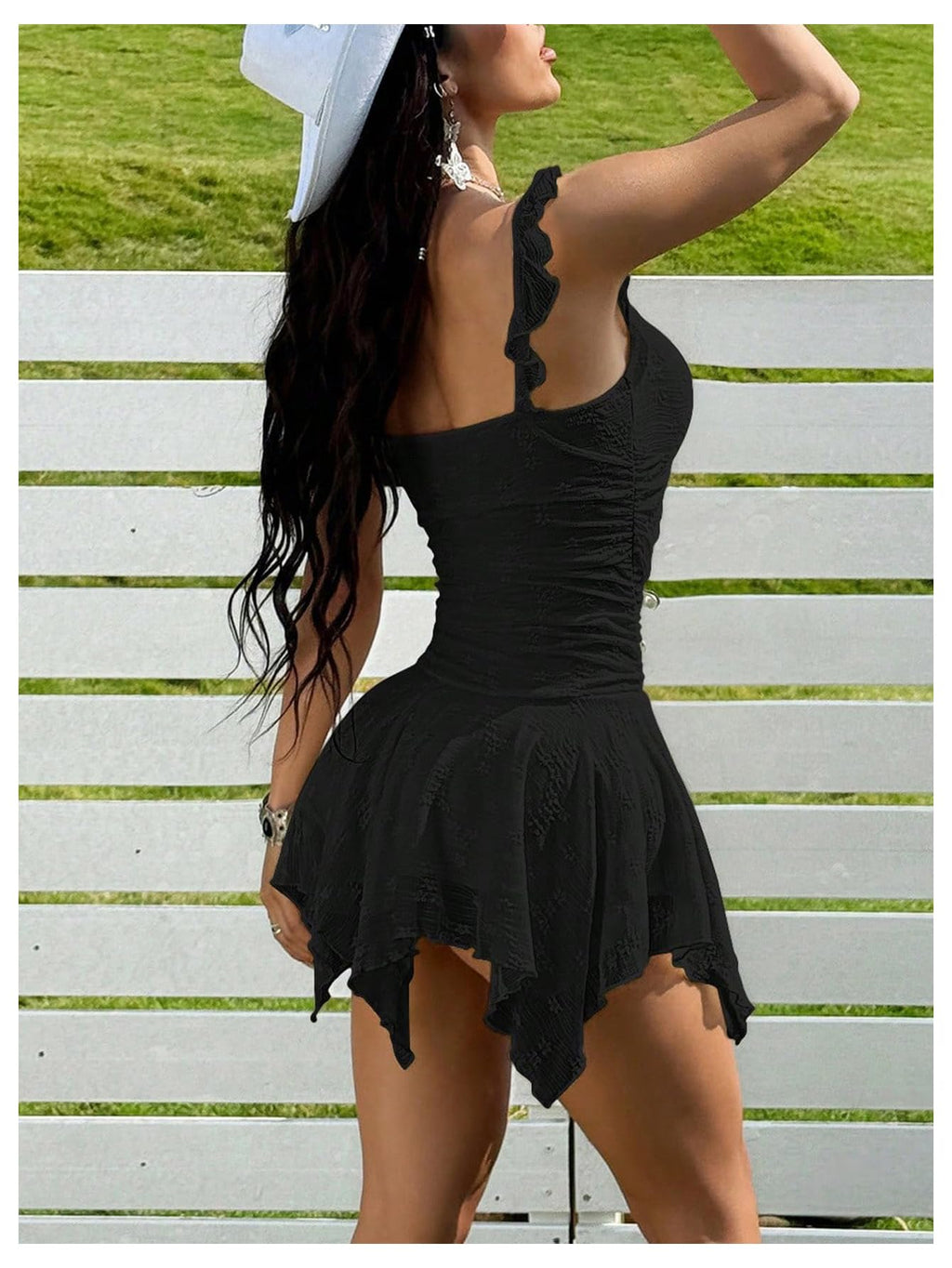 WDIRARA Women's Textured Tie Front Sleeveless Mini Dress Asymmetrical Ruffle Cowgirl Cami Dresses Black