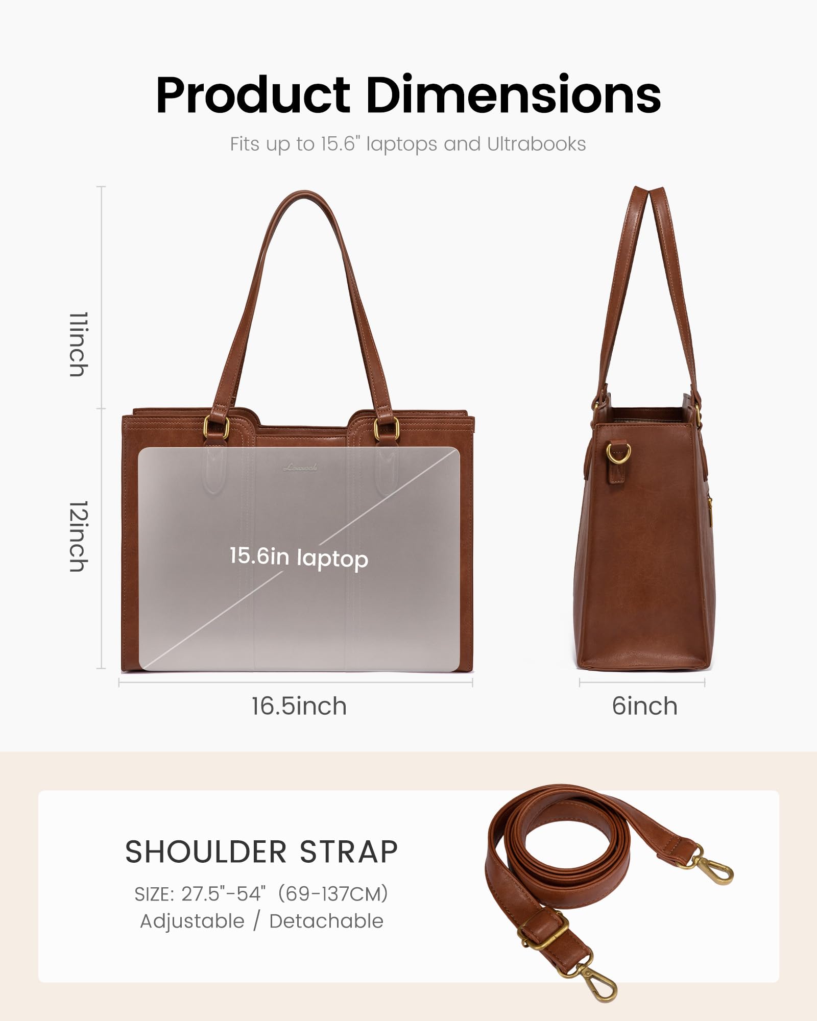 LOVEVOOK 15.6 inch Laptop Bag for Women - Waterproof Work Bag for Women & Vintage Laptop tote Bag with Wristlet, Brown