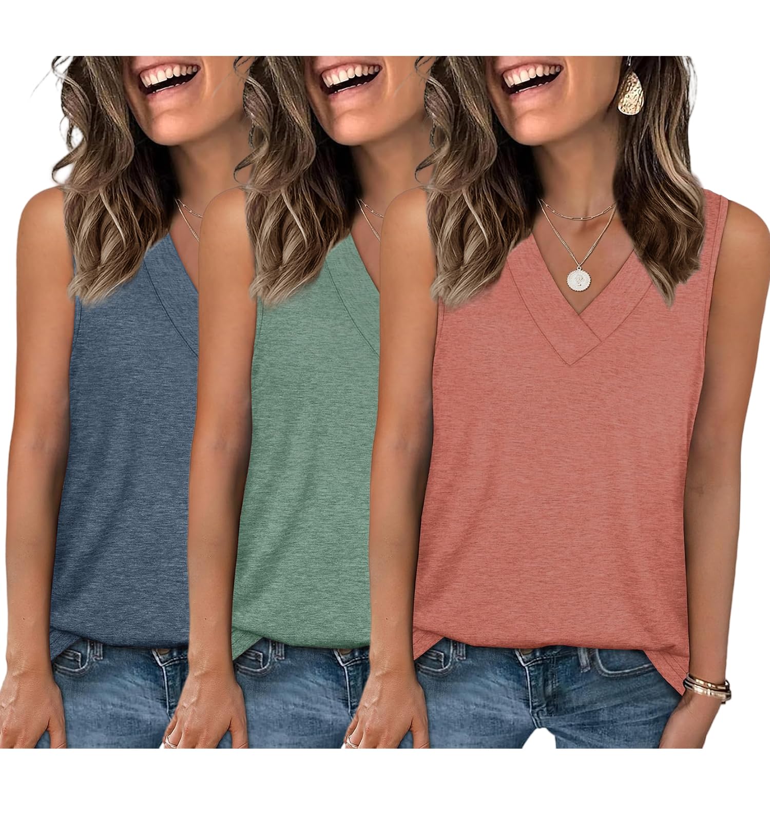 EyMuse 3 Pack Women's Clothing Fashion V Neck Tank Tops Cute Sleeveless Flowy Tshirts Shirts Loose Fit Basic Blouses Lightweight Casual Summer Dressy Tee, Navy+Green+Pink, XL