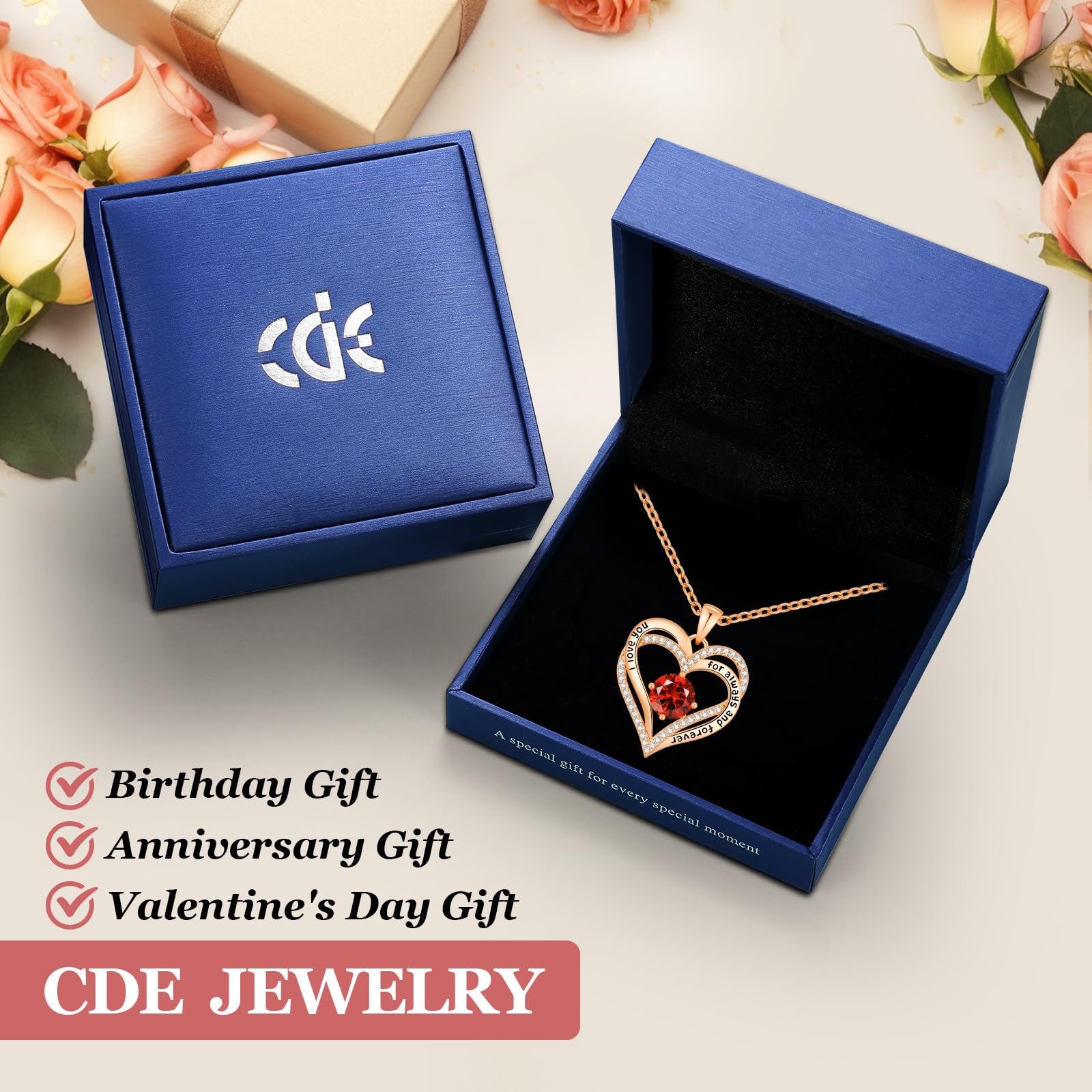 CDE Valentine's Day Gift Forever Love Heart Necklaces for Women, Wedding Anniversary, Birthday Mothers Christmas Day Gifts for Mom, Mother, Wife, S925 Silver Jewelry with Birthstone Pendant (Brass Rose Gold, Rose Gold-01/07-Jan/July)
