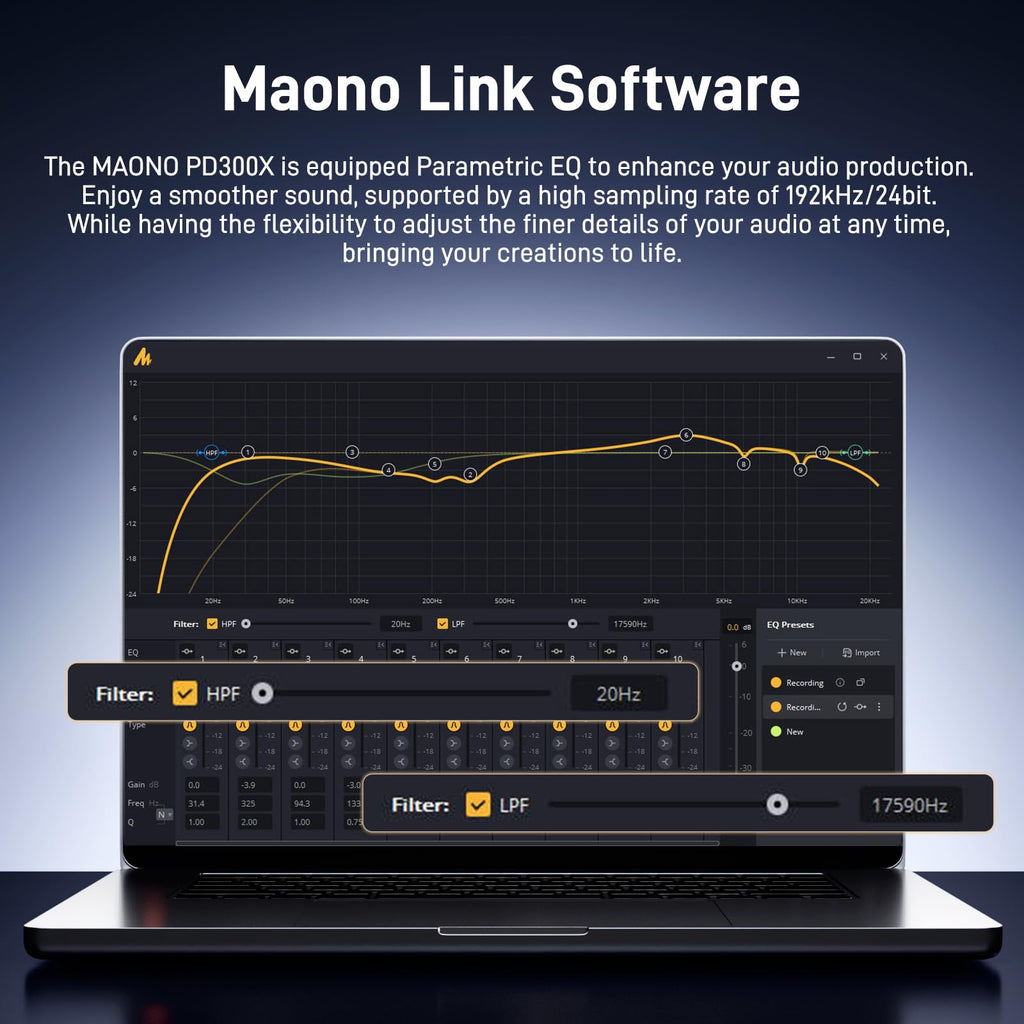 MAONO Dynamic Microphone-XLR USB Podcast Recording Mic: for Vocal Recording, Content Creation, Home Studio, Voiceover, with 192kHz/24bit, Noise Reduction, Mic Gain, Monitoring, Mute (PD300X)