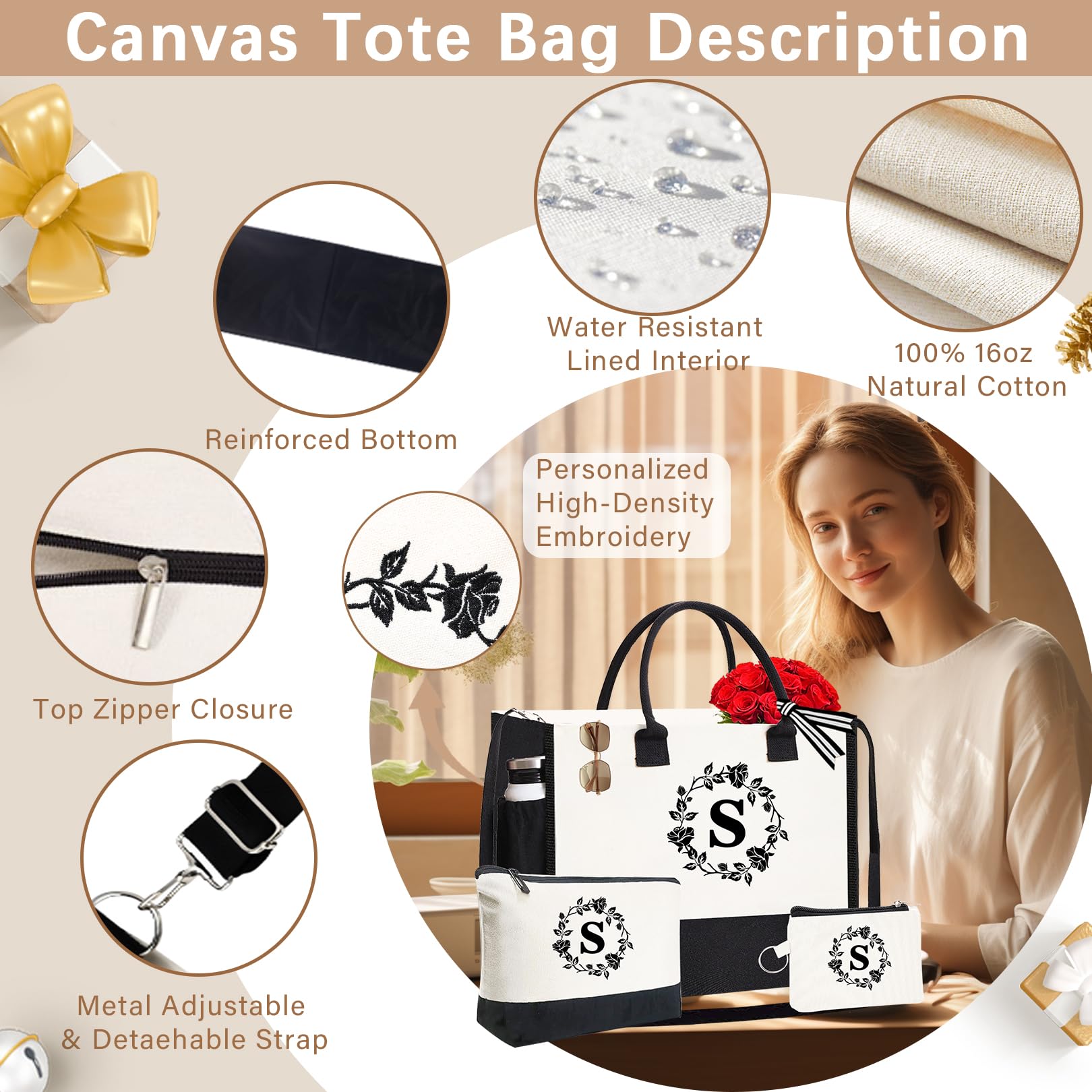 Adoryoung Monogram Personalized Initial Canvas Tote Bags for Women, Double-sided Embroidery Tote Beach Bags Gifts for Women (S)