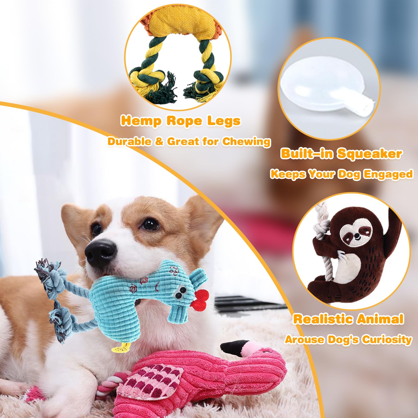 MRSOHRET 5 Pack Plush Dog Toys with Rope, Squeaky Dog Toys, Tug of War Dog Interactive Toy, Durable Dog Chew Toys for Large Dogs & Puppies