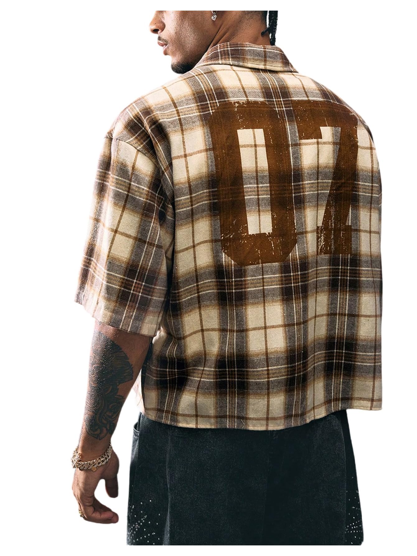 GORGLITTER Men's Gingham Cropped Shirt Button Up Number Graphic Boxy Short Sleeve Vacation Crop Tee Tops Streetwear Brown Large