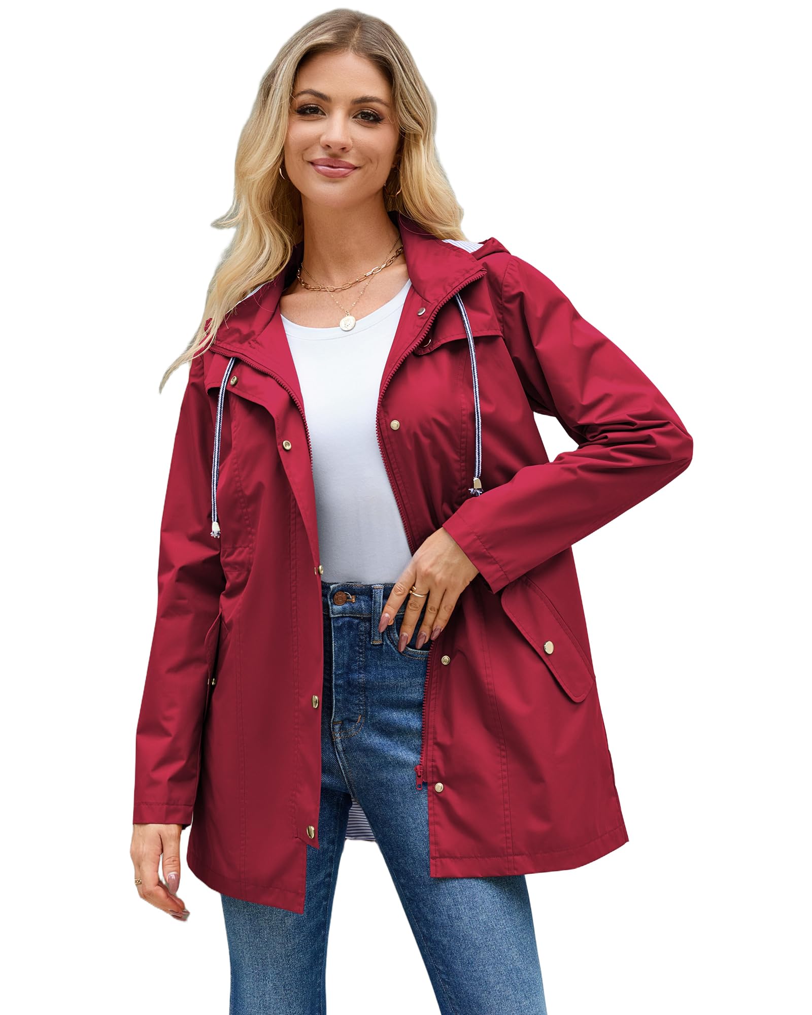Women Waterproof Hiking Trench Raincoat Light Rain Jacket with Liner S Wine
