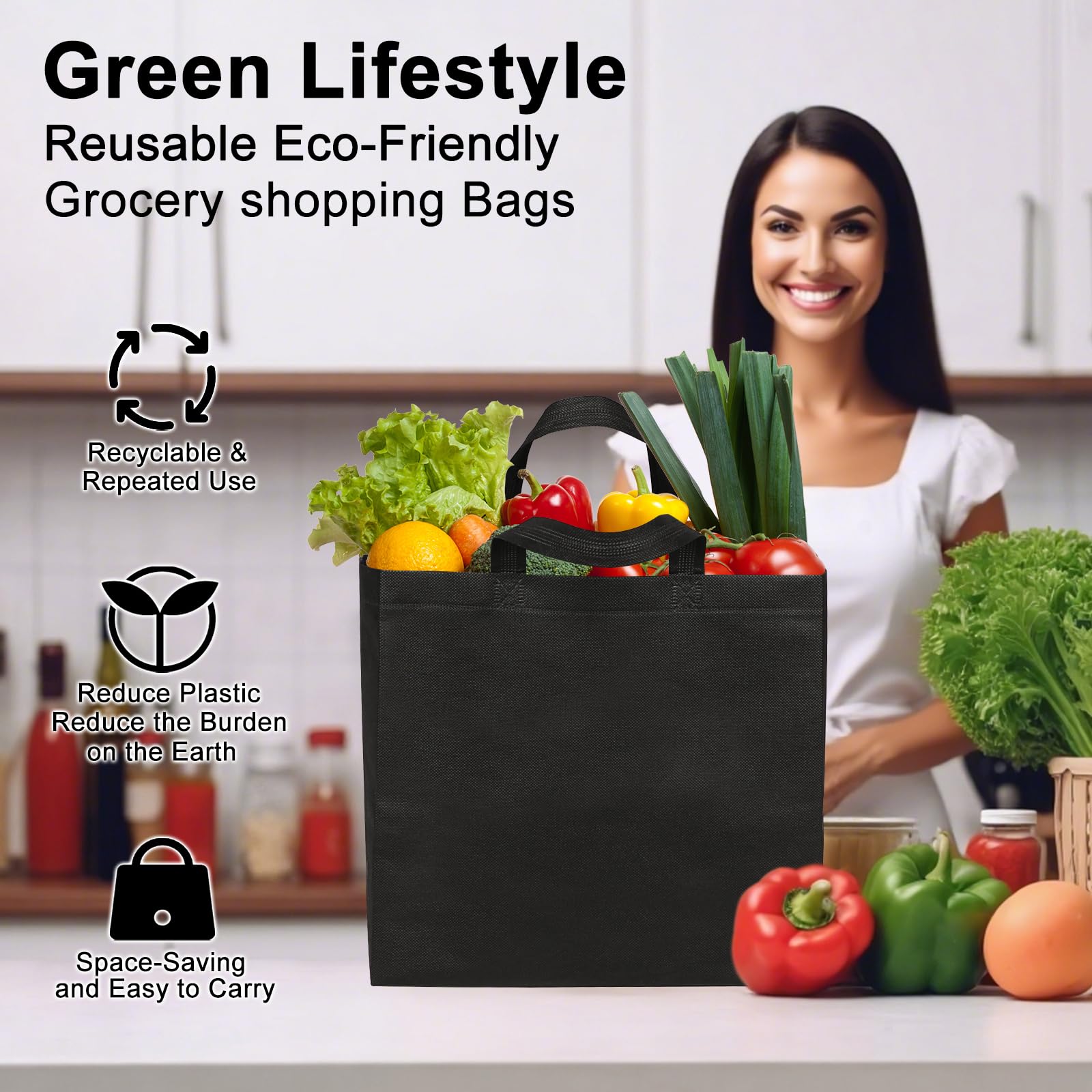 JERIA 50 Pack Black Reusable Totes Bag with Reinforced Handles Non Woven Bulk Shopping Bags