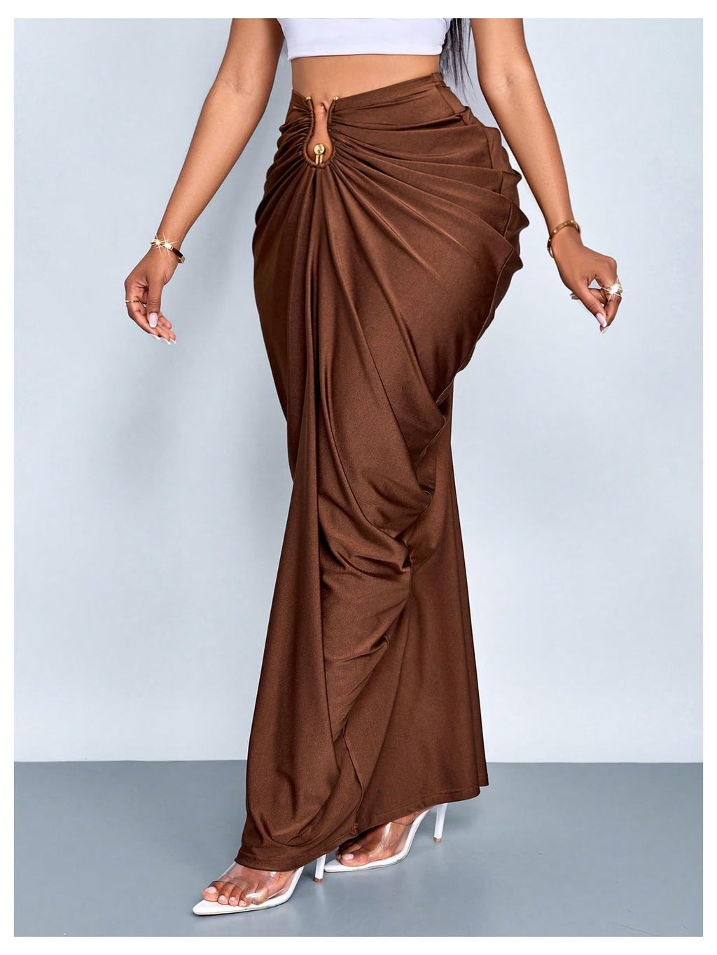 WDIRARA Women's Ruched Bodycon Maxi Skirt Cocktail Party High Waisted Long Fishtail Skirts Coffee Brown Large