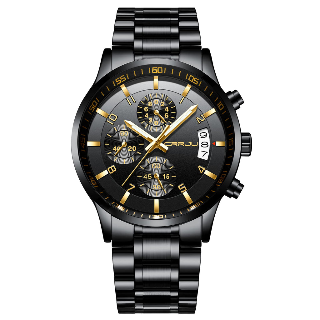 CRRJU Watches for Men,Fashion Luxury Casual Stainless Steel Japan Movement Waterproof Business Quartz Wristwatches,Man Black Golden Watch