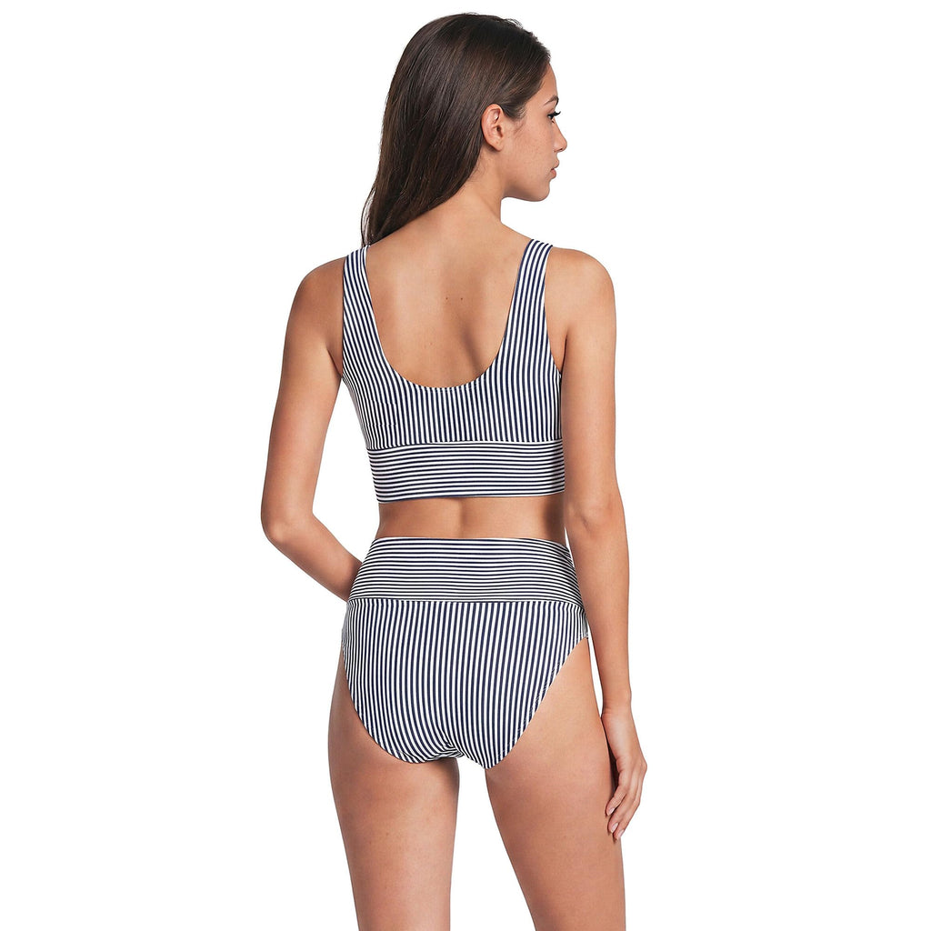Lands' End Women's Tugless Midkini Top and High Waisted Bottom Swimsuit Set X-Small Deep Sea Navy Mini Stripe