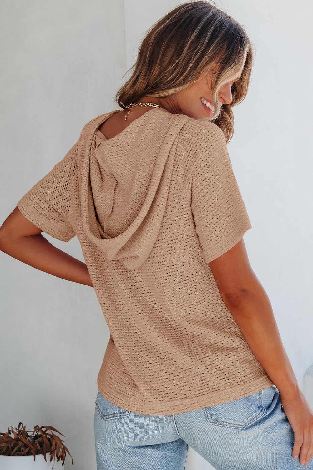 Dokotoo Summer Sweaters for Women Lightweight Waffle Knit Short Sleeve Shirt Button V Neck Oversized Casual Elegant Ladies Tops and Blouses Soft Pullover Sweatshirt Vacation Outfits Apricot Large