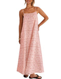 MEROKEETY Women's Summer Spaghetti Straps Sundress 2026 Casual Sleeveless Floral Lace Eyelet Boho Beach Maxi Dress, Pink, Medium