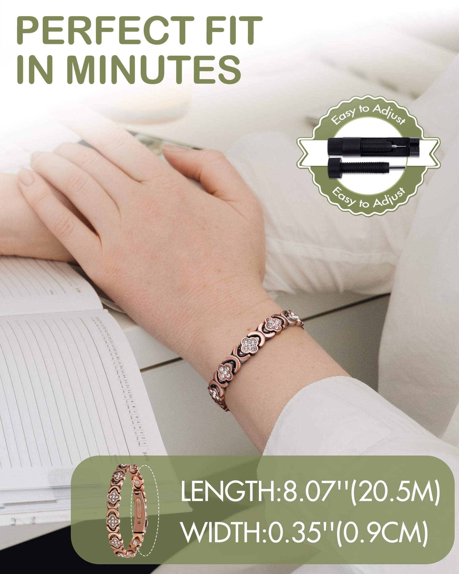 Feraco Pure Copper Bracelets for Women, Ultra Strength Magnetic Bracelet with 3800 Gauss Magnets & Sparkling Zirconia, Adjustable, Infinite Clover Jewelry