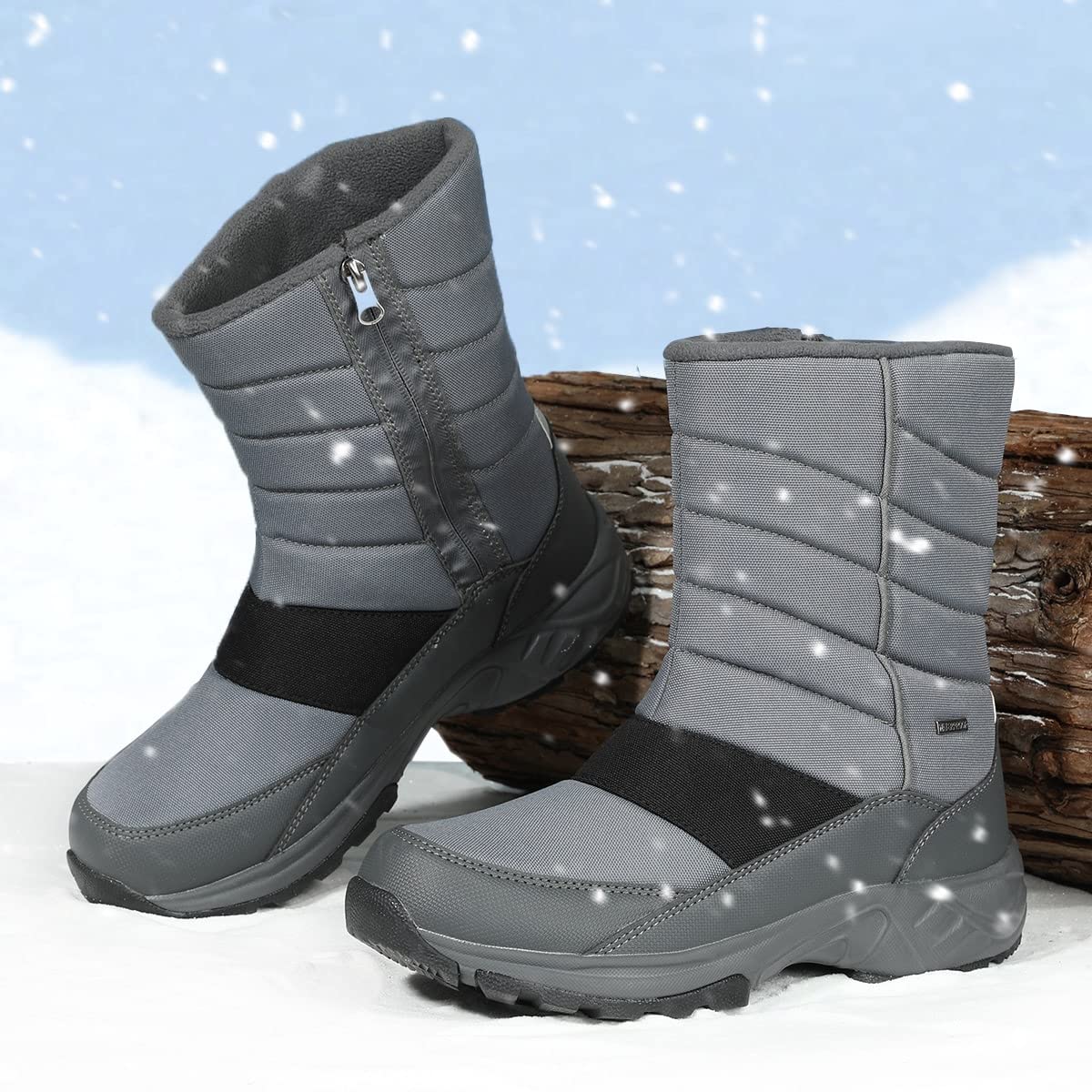 SILENTCARE Mens Winter Mid-Calf Snow Boot Fur Warm Waterproof Slip On Outdoor Athletic