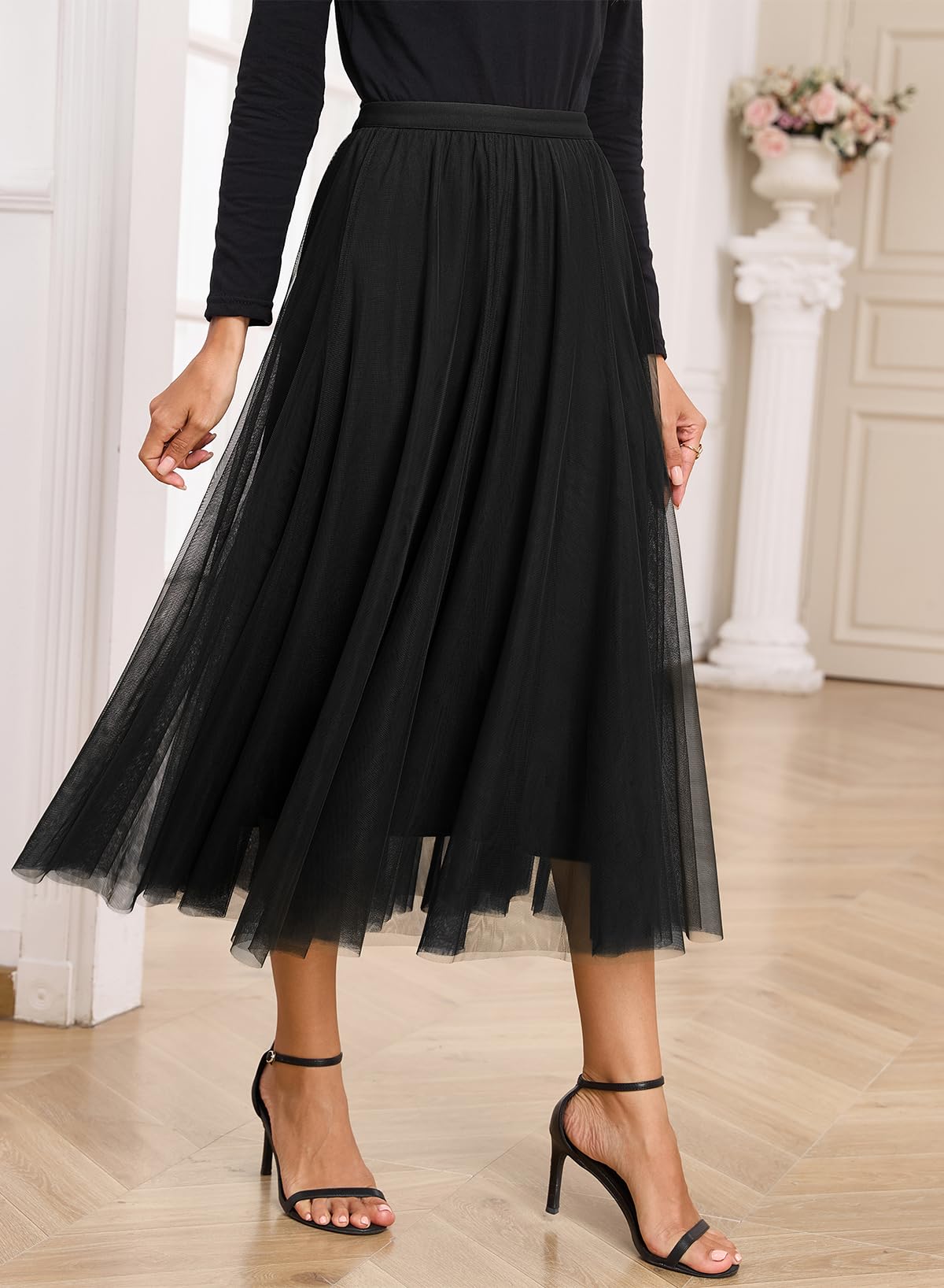 Happy Sailed Black Skirt for Women Elastic High Waisted A-Line Tulle Skirt Pleated Flowy Long Skirts Date Night Outfit Womens Clothes Black XL