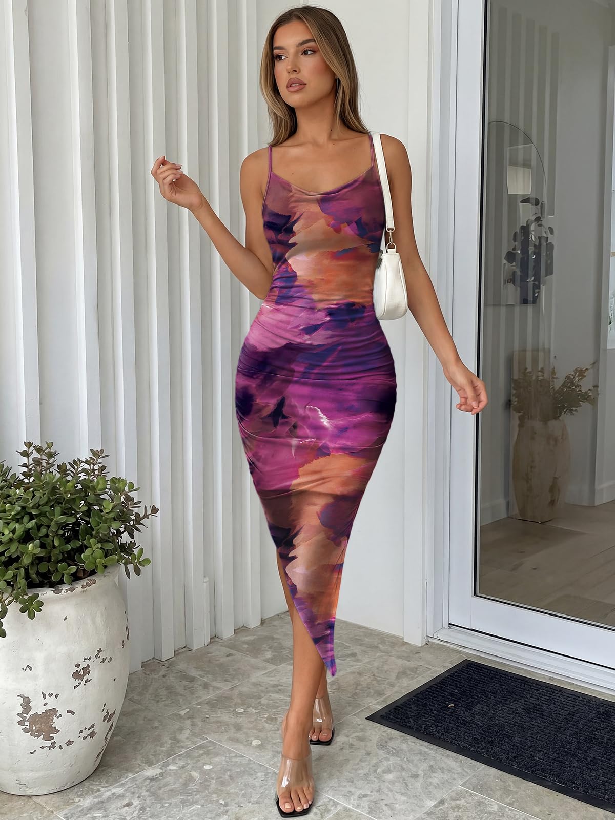 Trendy Queen Women Sexy Midi Bodycon Dress Backless 2026 Summer Spring Wedding Guest Beach Vacation Clothes Floral Tropical Party Club Going Out Cocktail Date Night Baby Shower Outfits Purple