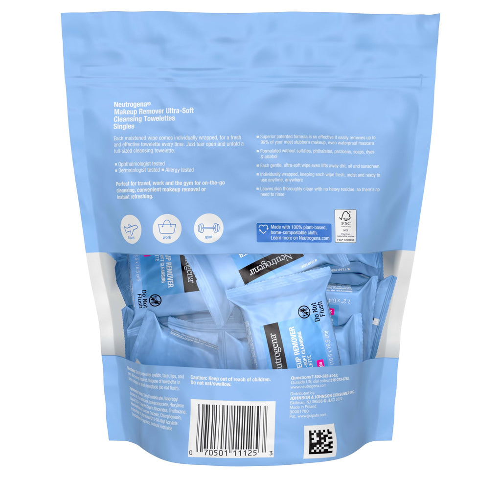Neutrogena Makeup Remover Wipes, Daily Single Face Cleansing Towelettes, Makeup Removing Cleansing Wipes Removes Dirt & Oil, Alcohol-Free Face Towelettes, 20 ct