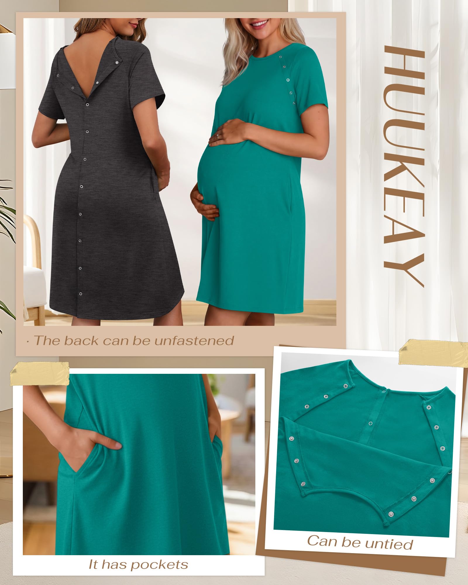 Huukeay 2 Pack Labor and Delivery Hospital Gown, 2-Color, Medium