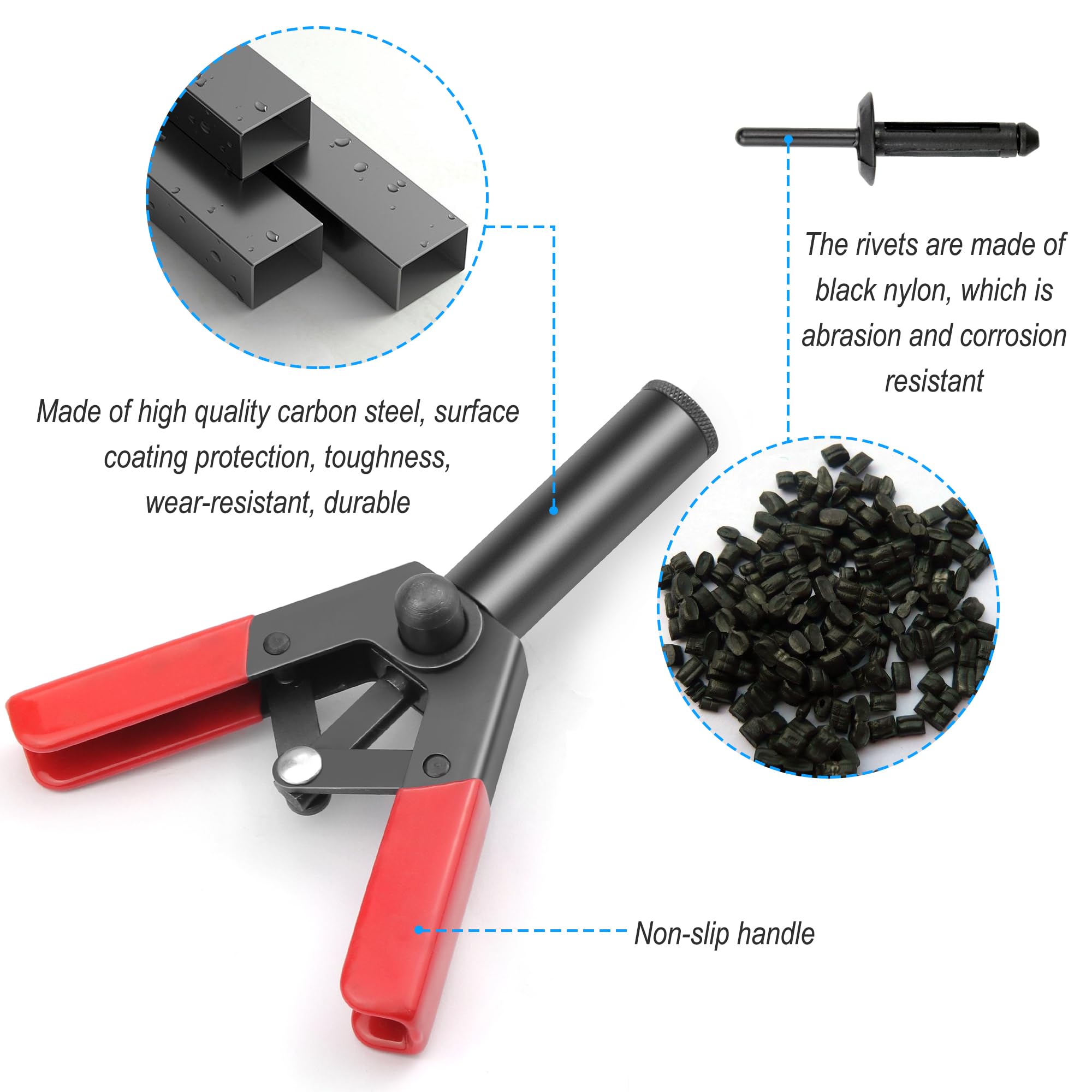 Mejiao Rivet Gun Set with 3 Sizes Nylon Blind Rivets, 30 Pieces, Hand Riveter Suitable for Automotive and More