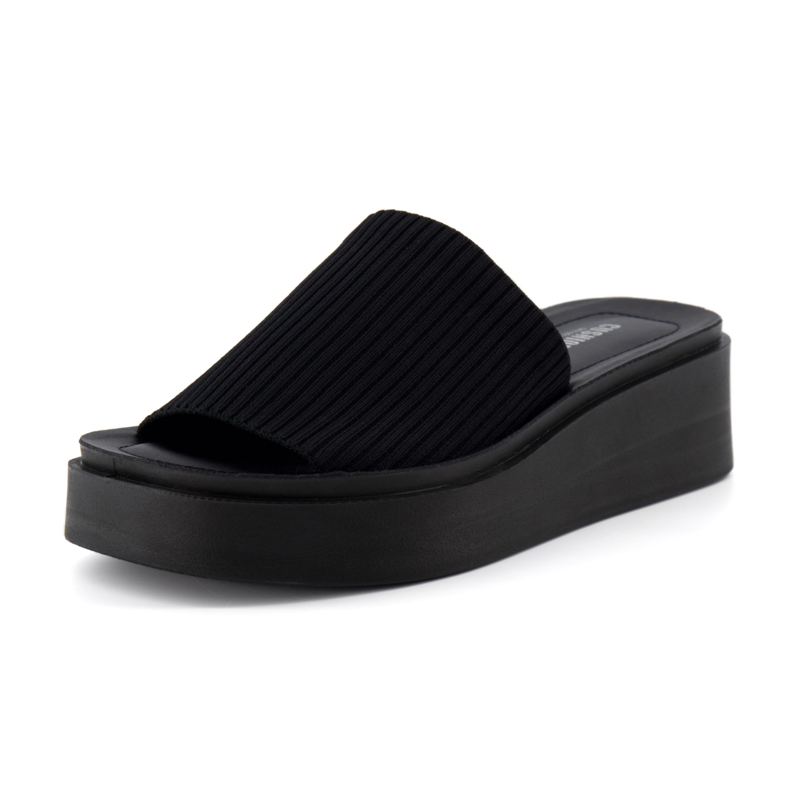 CUSHIONAIRE Pim Wedge Chunky Platform Womens Sandals with Firm Knit Upper & Memory Foam Summer Sandals for Women 2026, BLACK 8.5