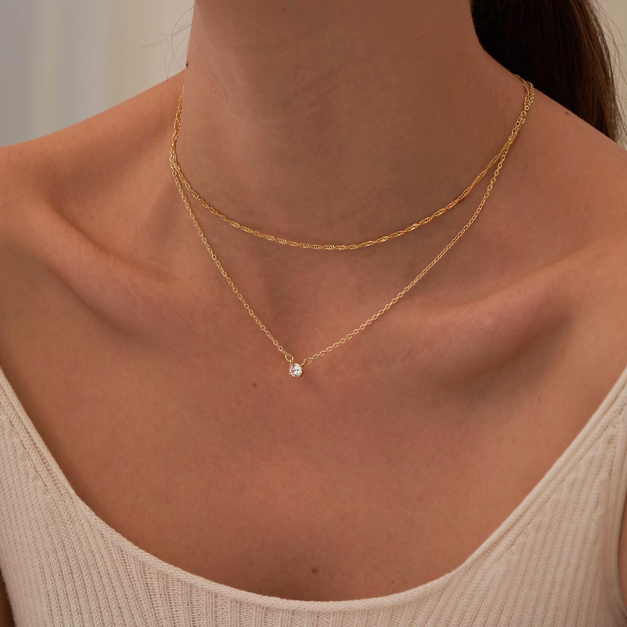 Tewiky Dainty Layered 14K Gold Plated Cubic Zirconia Necklace for Women, Simple Solitaire Pendant Chain Choker Necklaces Set Cute CZ Trendys Gold Jewelry Gift