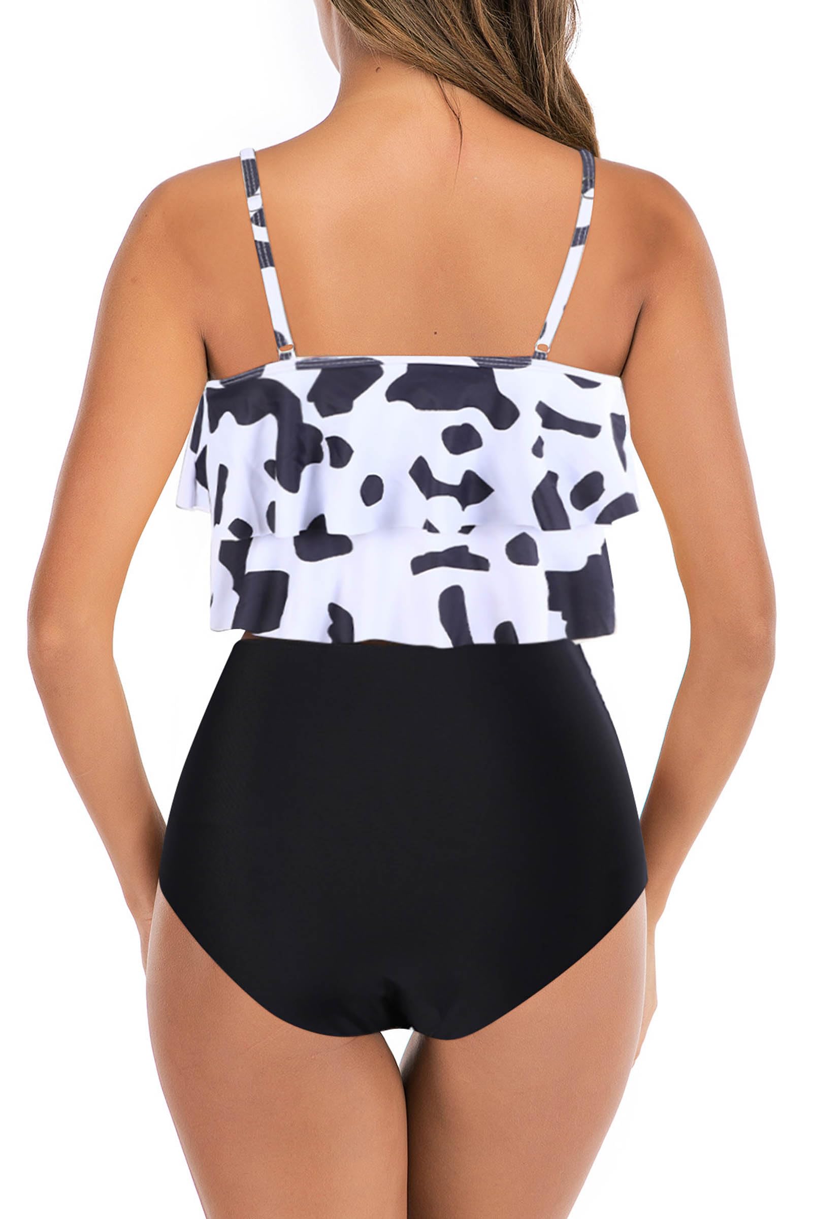 Womens High Waisted Bathing Suits Flounce Halter Tank Top Bikini Bottoms Tummy Control Modest Swimwear Two Piece Swimsuits Tankini Cow Print L