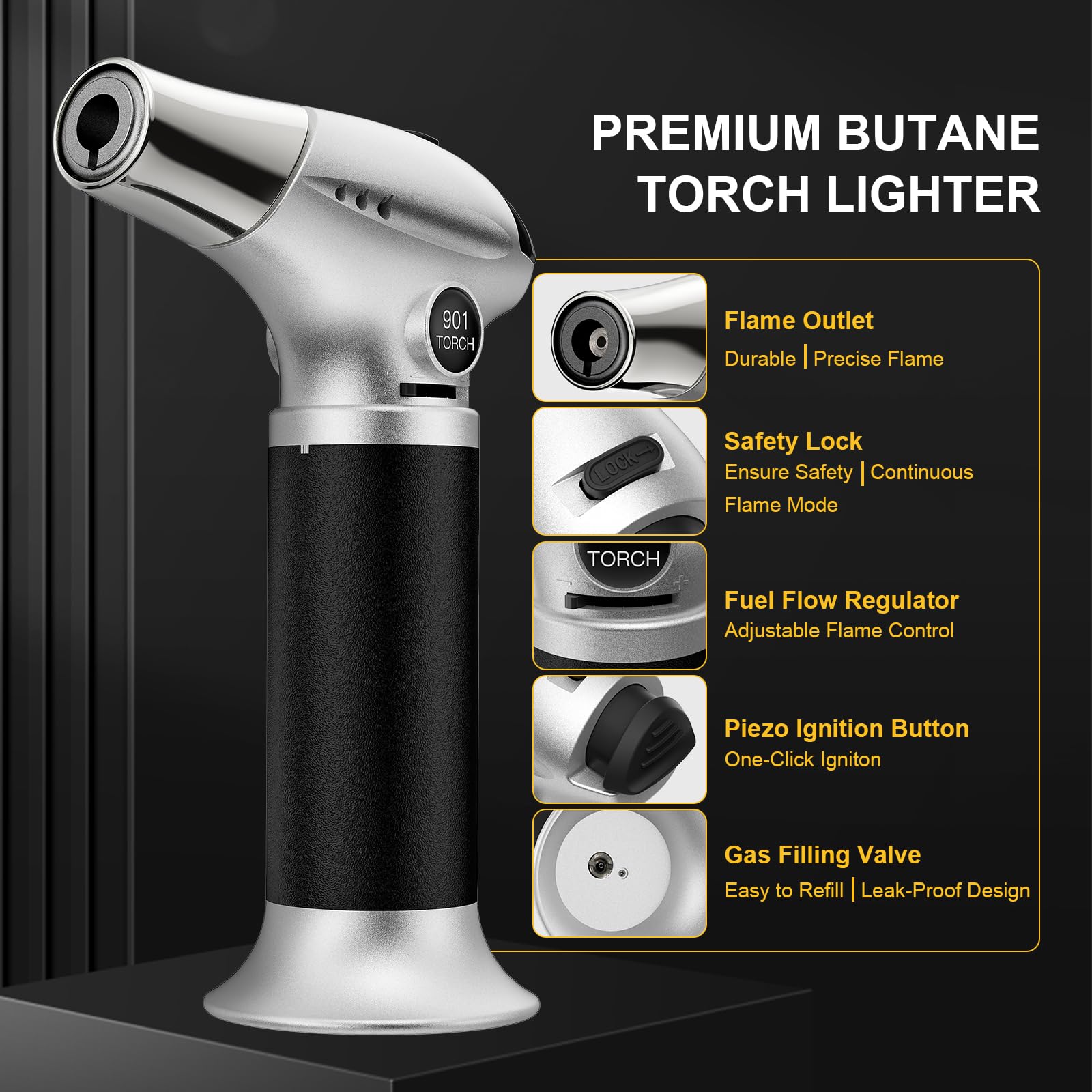 TBTEEK Butane Torch, Kitchen Torch Cooking Torch with Safety Lock & Adjustable Flame for Cooking, BBQ, Baking, Brulee, Creme, DIY Soldering(Butane Not Included)