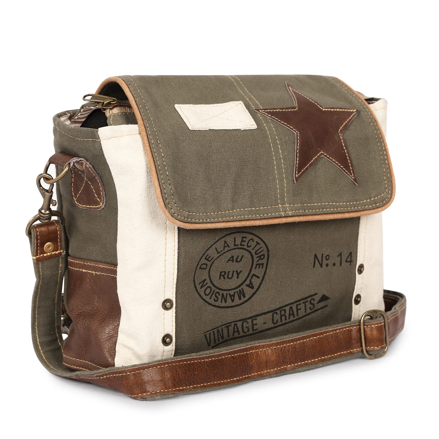 vintage crafts Leather Star Shoulder Bag adjustable leather handle leather trim and star accent for Women Office Laptop Bag (Grey)