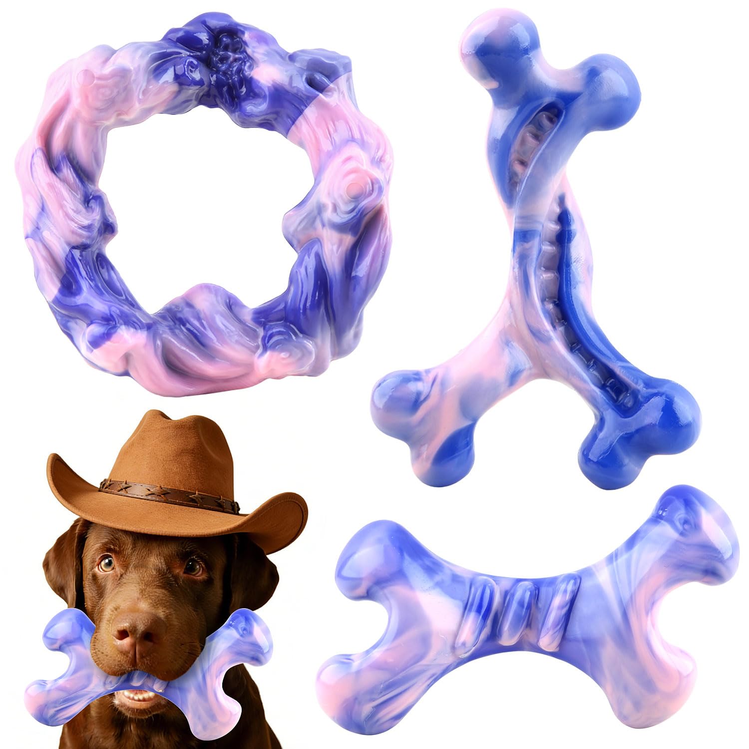 Rensh 3-Pack Tough Dog Chew Toys for Aggressive Chewers, Almost Indestructible Dog Toys for Medium Large Breed, Super Chew Toy to Keep Them Busy & Reduce Boredom, Teeth Cleaning Training, Milk Flavor