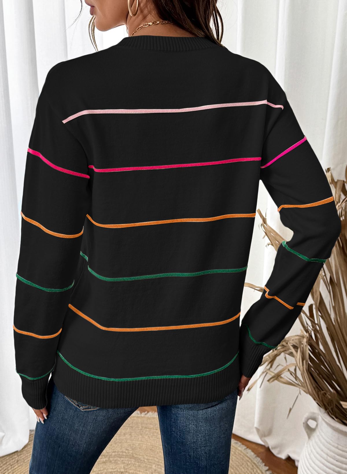 SHEWIN Womens Tops Dressy Casual Crew Neck Striped Sweater Women Lightweight Fall Tops for Women 2025 Long Sleeve Tops Womens Sweaters Black Medium