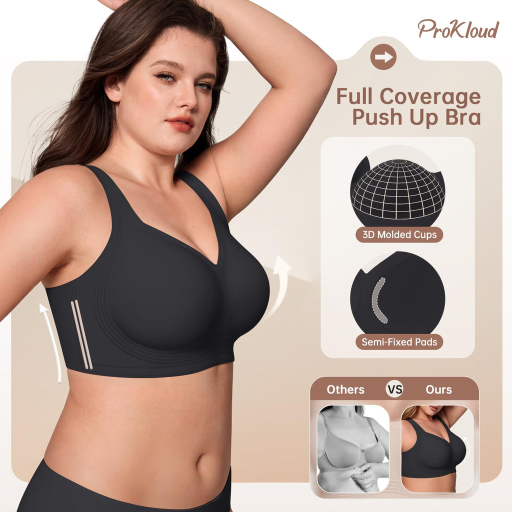 ProKloud Jelly Bras for Women No Underwire Wireless Bra with Support and Lift Full Coverage Plus Size Comfy Seamless Bra Black