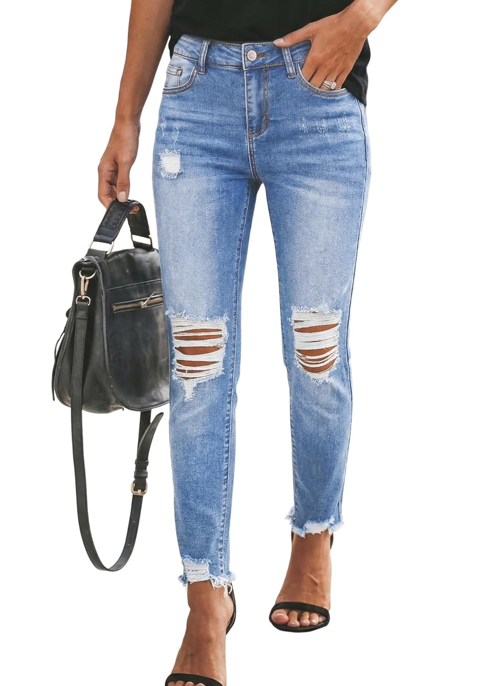 Sidefeel Women's Ripped Distressed Jeans Zimbaplatinum Stretchy Loose Boyfriend Denim Pants Size 18 Sky Blue