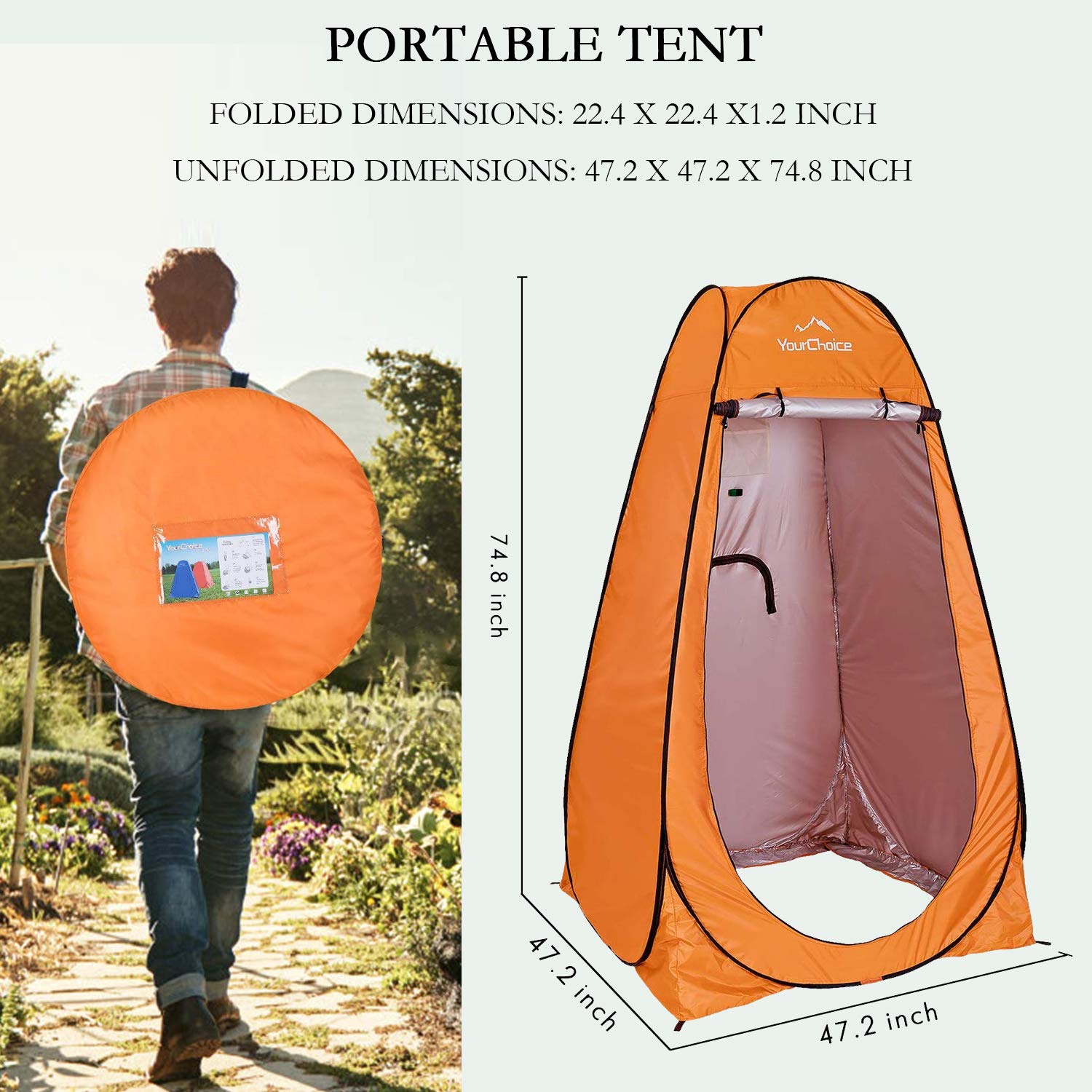 Your Choice Pop Up Privacy Tent, 3.9x3.9x6.2FT Portable Shower Tent for Camping, Waterproof Outdoor Changing Room with Carry Bag for Beach Hiking RV Fishing - Orange