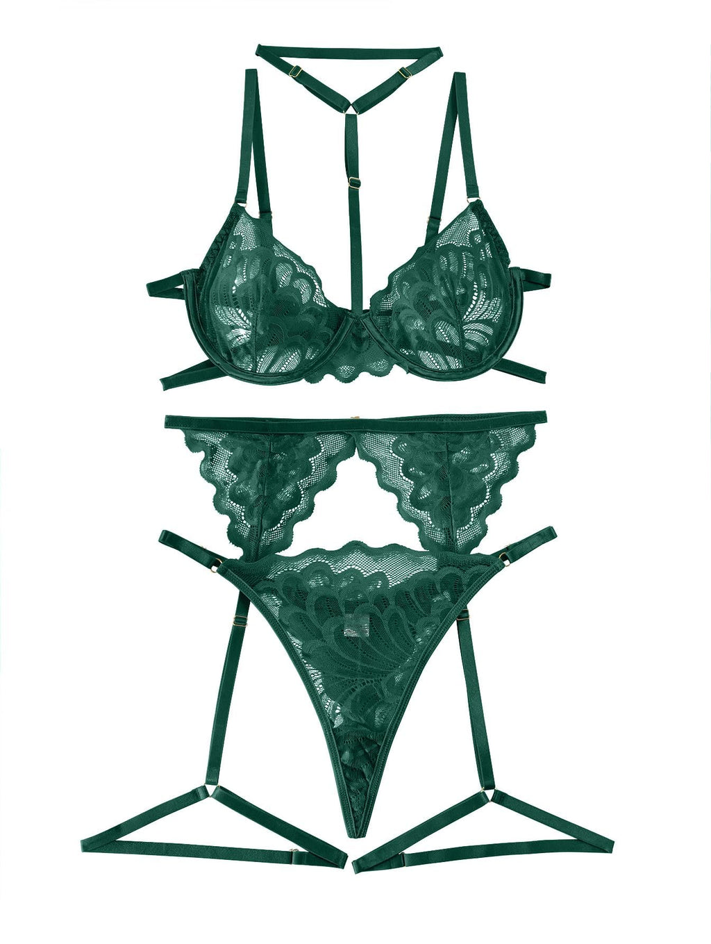 Lilosy Sexy Choker Floral Lace Scallop Sheer Underwire Push Up Garter Belt Lingerie Set 3 Piece for Women See Through Bachelorette Bra and Panty Army Green Medium