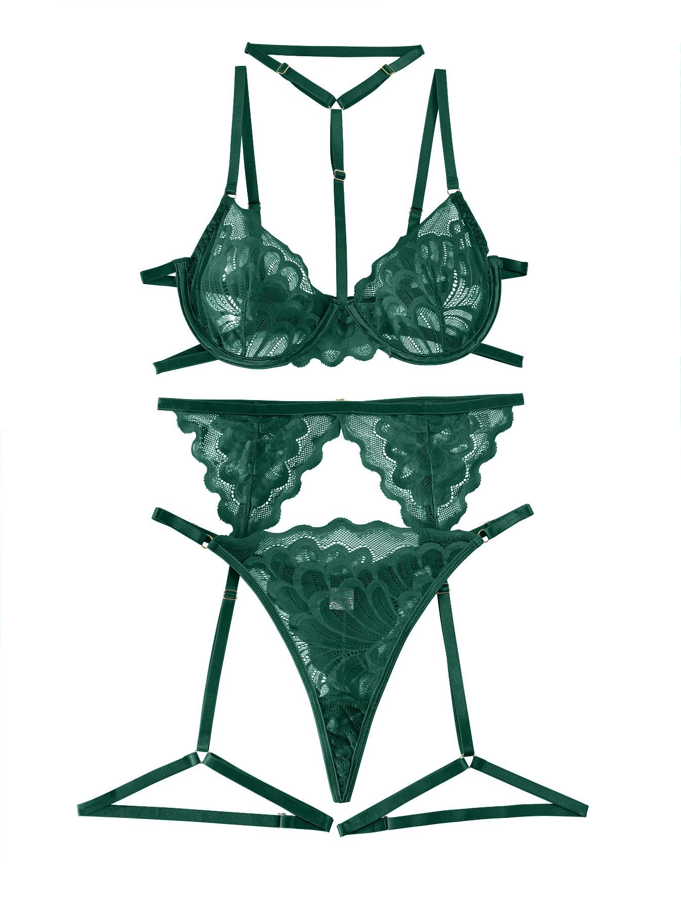 Lilosy Sexy Choker Floral Lace Scallop Sheer Underwire Push Up Garter Belt Lingerie Set 3 Piece for Women See Through Bachelorette Bra and Panty Army Green Medium