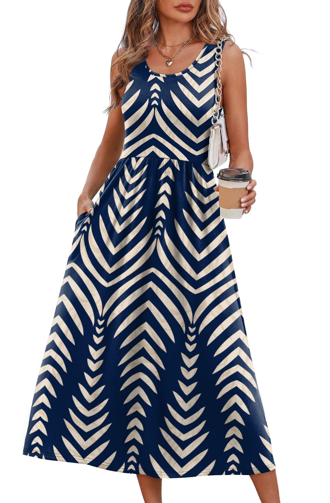 WIHOLL Casual Summer Dresses for Women 2025 Sleeveless Flowy Sun Spring Dress Sundresses Boho Italian Beach Vacation Dress Long Maxi Midi Dresses for Women 2026 Cruise Resort Wear Navy Stripe L