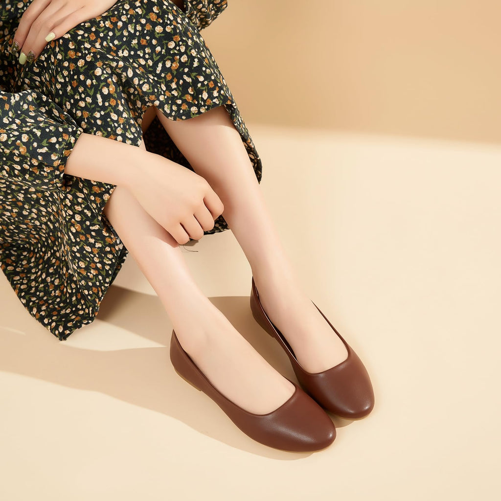 hash bubbie Women's Flats Shoes Ballet Flats Dress Shoes Comfortable PU Leather Slip on Shoes for Women(Brown.US6)