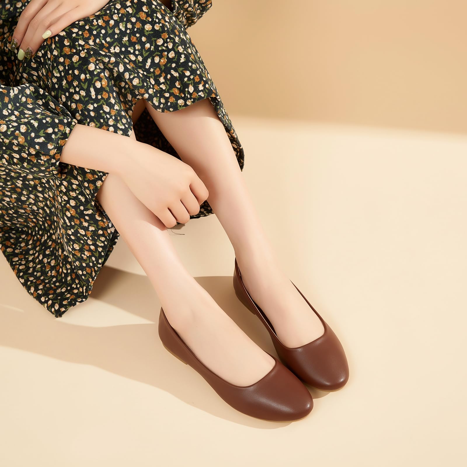 hash bubbie Women's Flats Shoes Ballet Flats Dress Shoes Comfortable PU Leather Slip on Shoes for Women(Brown.US6)
