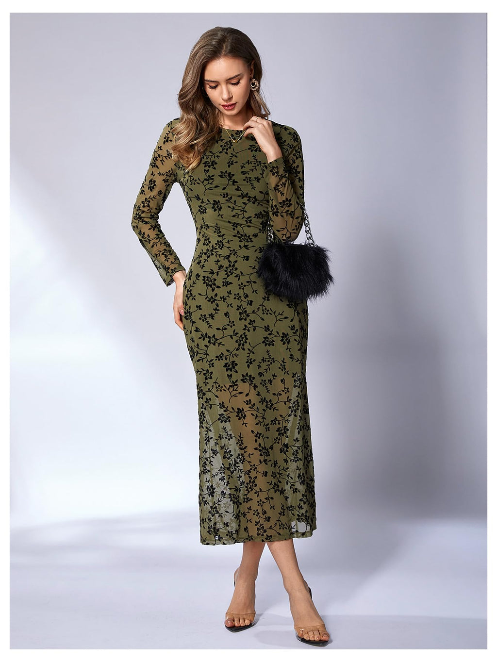 Verdusa Women's Floral Mesh Maxi Dresses Elegant Formal Long Sleeve Spring Wedding Guest Dress Cocktail Army Green Medium